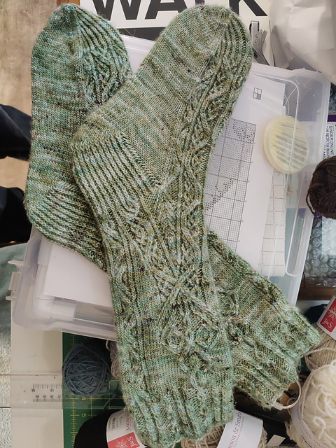 Mottled green socks, with some shiny threads through out. There is a complex cabled pattern on them that I don't know how to describe. Sorry.