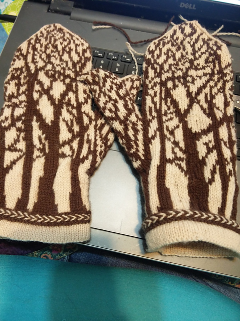 Colorwork mittens in cream and brown. The brown is a bunch of trees with all their branches tangled together. The cuff has a Latvian braid around it.